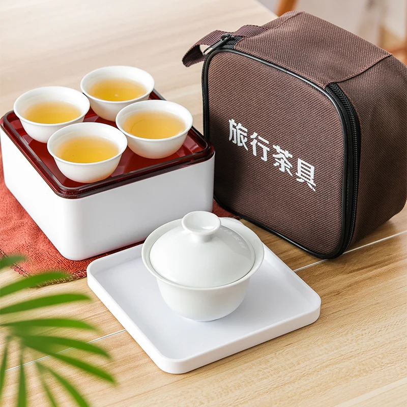 7-piece set Chinese Kung Fu Tea Set Ceramic Portable Teapot Set Outdoor Travel Gaiwan Tea Cups of Ceremony Teacup Fine Gift