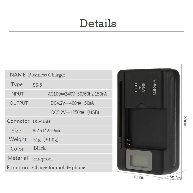 Mobile Battery Charger Universal LCD Indicator Screen USB-Port For Cell Phone Chargers 32-55mm Battery Charging US UK EU Plug