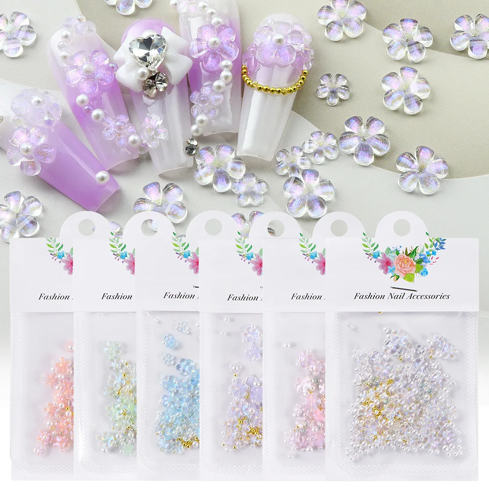 

50pcs/Bag 3D Mixed Gilt Flower Nail Art Charms With Gold Aurora Beads Pearl Kawaii Resin Fashion Cartoon Nail Decorations DIY