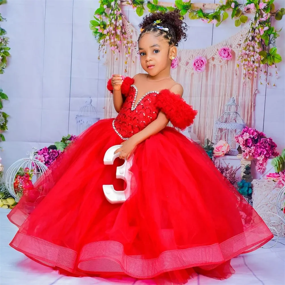 Flower Girl Dresses Red Kids Birthday Sheer Neck Pleated Ruffles Tiered Tulle Ball Gowns for Wedding flower girl dresses