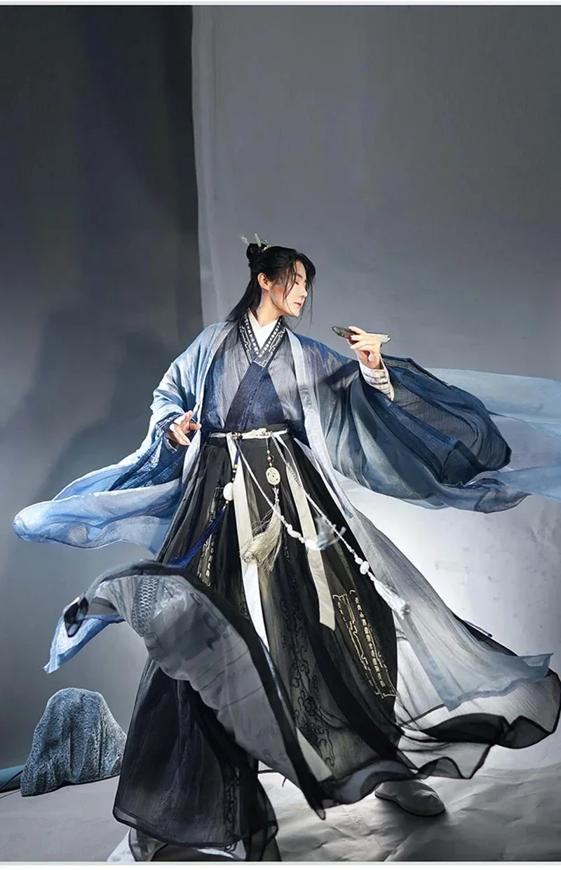 

Gradient Blue Hanfu Men&Womne Ancient Chinese Hanfu Black Set Halloween Cosplay Costume Hanfu Jacket For Men Women Plus Size 3XL