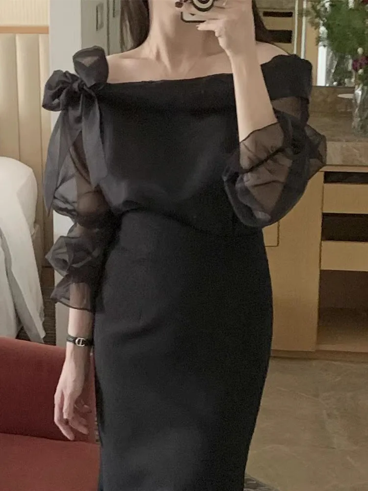 KUSAHIKI 여성용 오프숄더 활 타이, 플레어 슬리브, 메쉬 셔츠, 한국 시크 용수철, 패션 탑, 2024 신상 셔츠