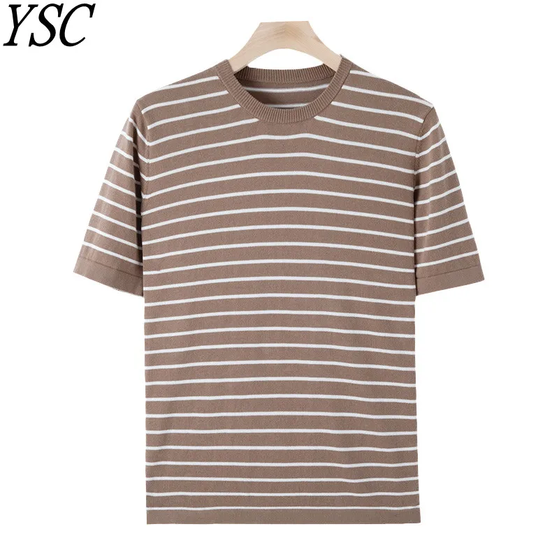 

2023 Men Knitted 100% pure cotton round neck T-shirt Short sleeve Stripe style Breathable and comfortable high-quality Pullover