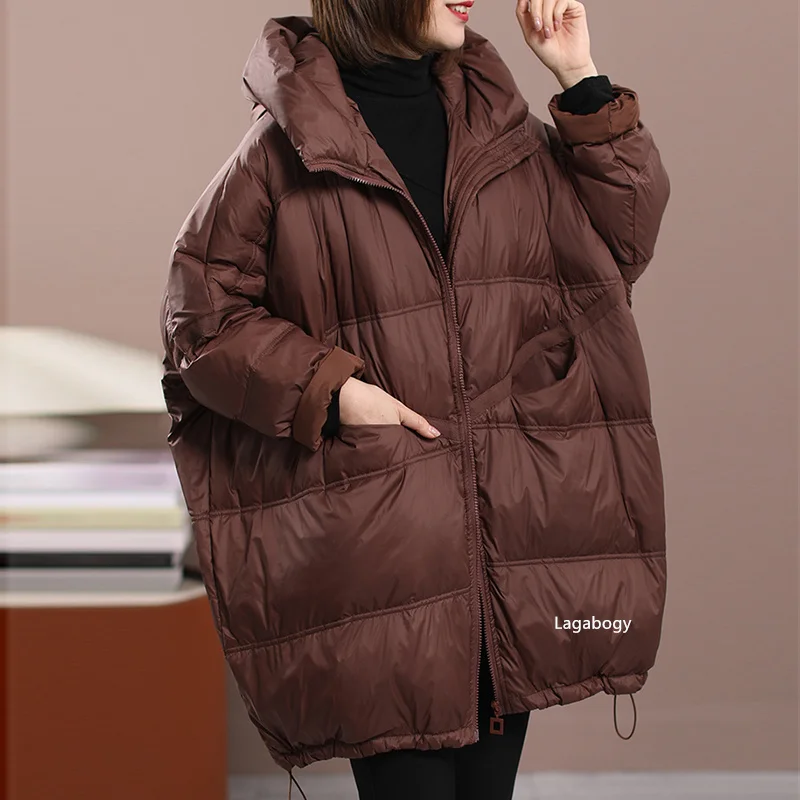Lagabogy 2024 New Winter Women White Duck Down Loose Jacket With Hood Female Thick Warm Outwear Casual Over Size Patchwork Coats 5