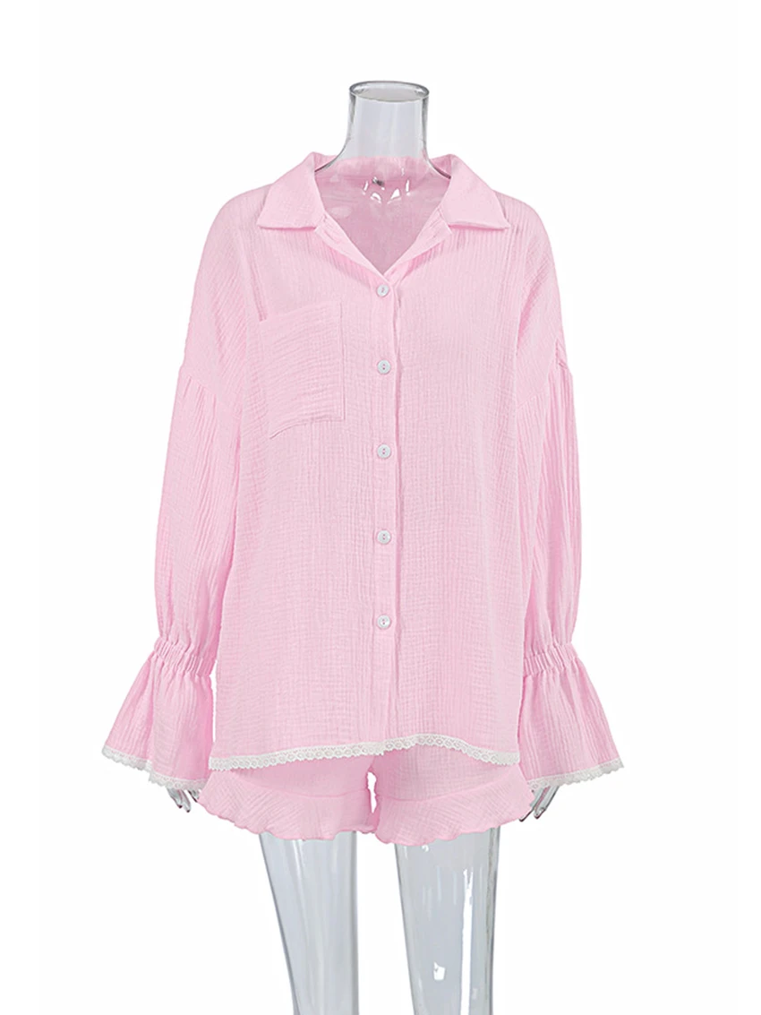 Marthaqiqi Cotton Women'S Sleepwear Set Long Sleeve Nightwear Turn-Down Collar Pajamas Shorts Casual Ladies Nightie 2 Piece Suit