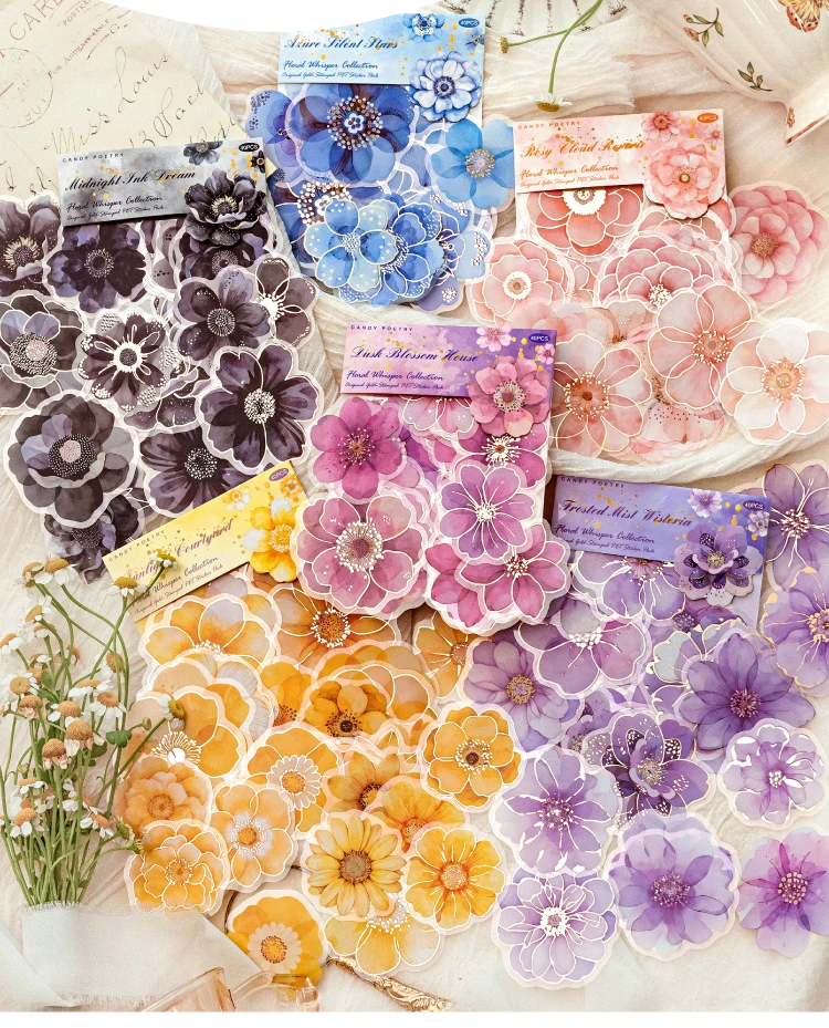 40 Stück/Packung Heißpräge-Blumenaufkleber aus PET-Materialien für Collage, Junk Journal, DIY, Scrapbooking-Zubehör, Ästhetische Deko-Aufkleber – Detail 3