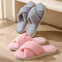 HOT Cross Warm Fluffy Furry Slippers Indoor Floor Slippers Open Toe Non Slip Home Floor Shoes Couple Slides Warm Plush Slipper