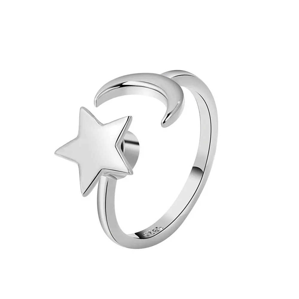 Silver Color New Fashion Star Spinning Ring Star Moon Open Ring for Ladies Punk Party Jewelry