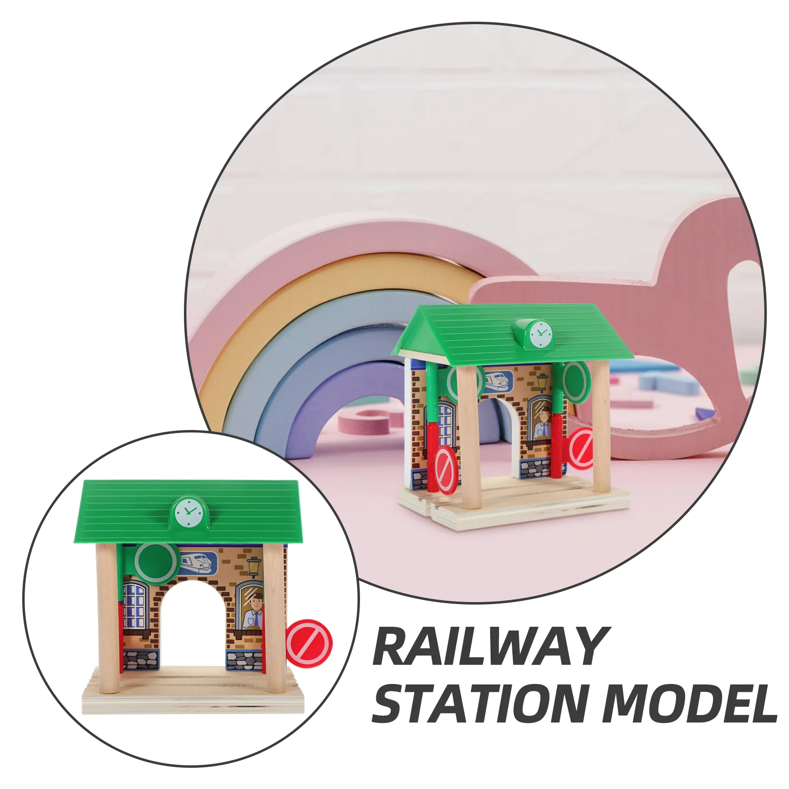 Wooden Railway Station Toy Smooth Pretend Play Train Track Accessories Small Simulation Model for Kids Games