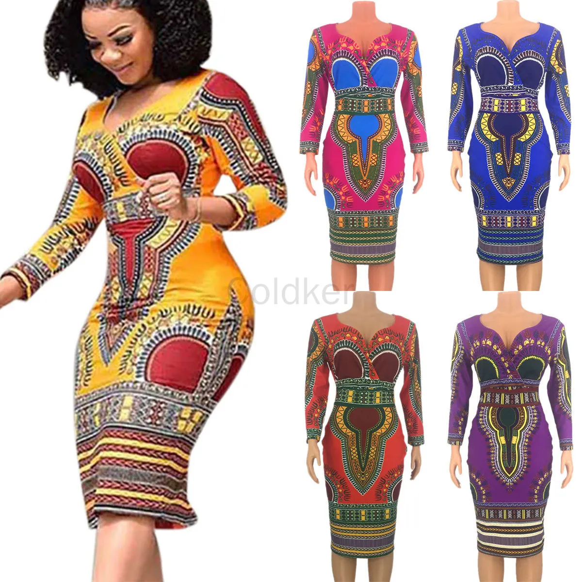 

African Dresses for Women Cosplay Costume Dashiki Print Tribal Ethnic Fashion V-neck Ladies Clothes Casual Sexy Dress Robe Party
