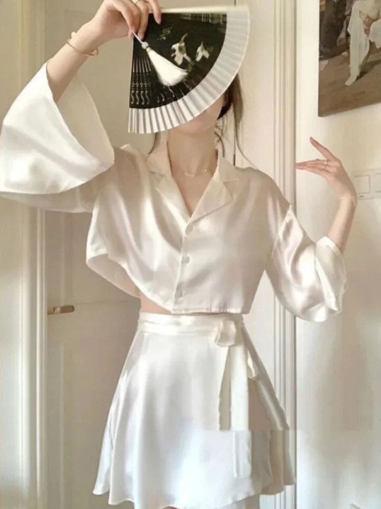 Premium Sense of Ice Silk Pajamas Female New Summer Models Elegant Home Wear Solid Color Top Short Skirt Suit Women's Pajamas