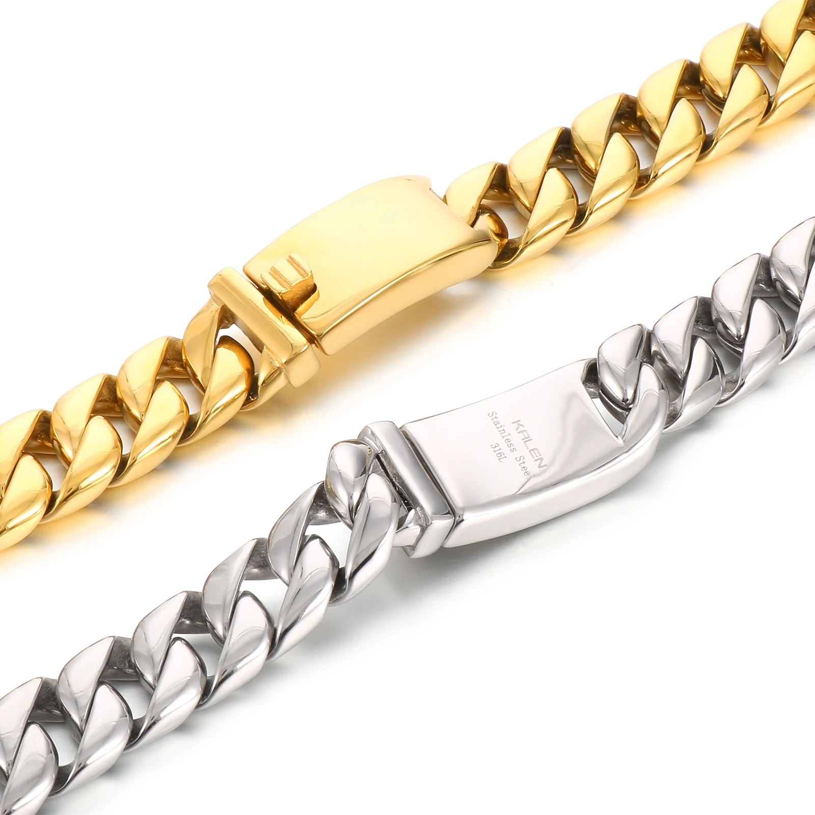 12mm Shiny Cuban Chain Bracelet & Necklace Jewelry Set - Stainless Steel 316L - Silver/Gold Color - KB23389-D