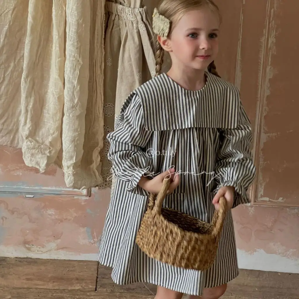 

FINEPAT Children Dress Autumn New Korean Simple Fashion Girl's Lapel Dress Striped Big Collar Doll Skirt Dress 2024