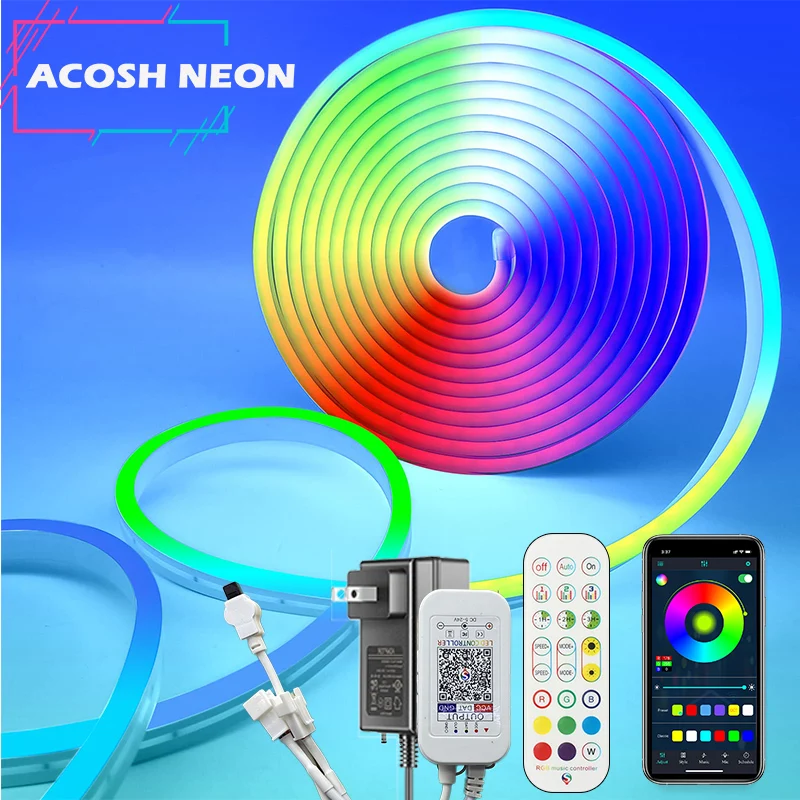 84LEDs/M Neon Rope Lights Bluetooth RGBIC Silicone Neon Lights with Music Sync DC12-24V LED Strip Lights for Bedroom Living Room