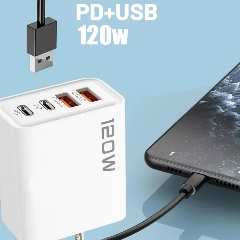 120W QC3.0 USB C PD Fast Charger Wall Adapter EU US UK Plug For iPhone 17 16 Samsung Xiaomi Huawei OnePlus Phone Quick Charging