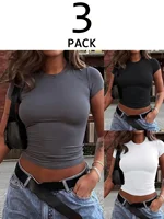 3pcs Women's Slim Fit Short Sleeve T-Shirts Elegant Crew Neck Casual Tshirt Ladies Y2k Vintage Basic Tees 2025 Women's Clothing