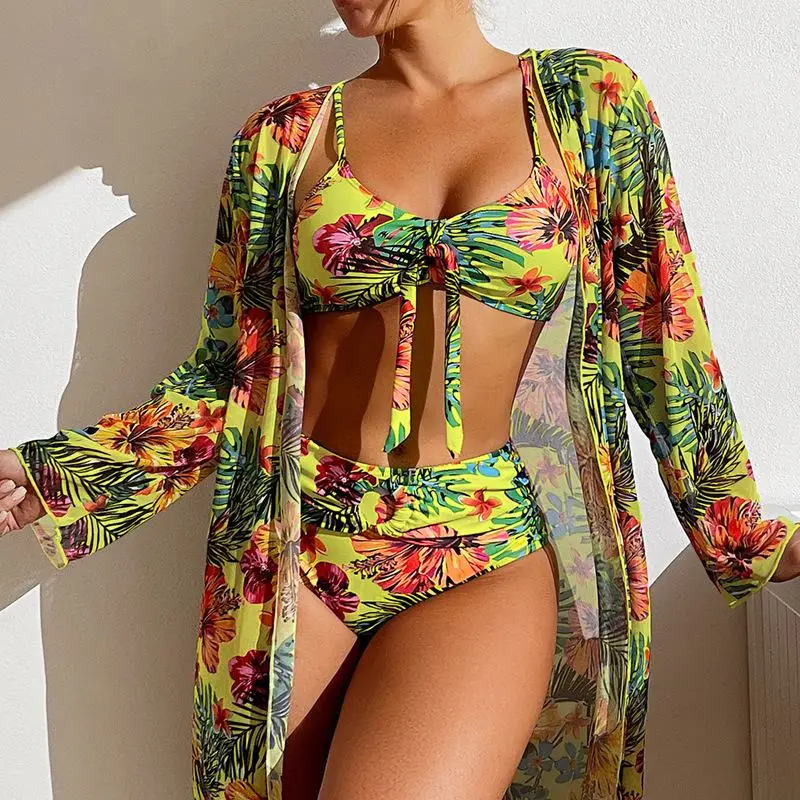 Women Bikini Set Three Pieces Floral Printed Swimsuit Mesh Long-Sleeved Blouse Bra Top with Pad Size S-3XL