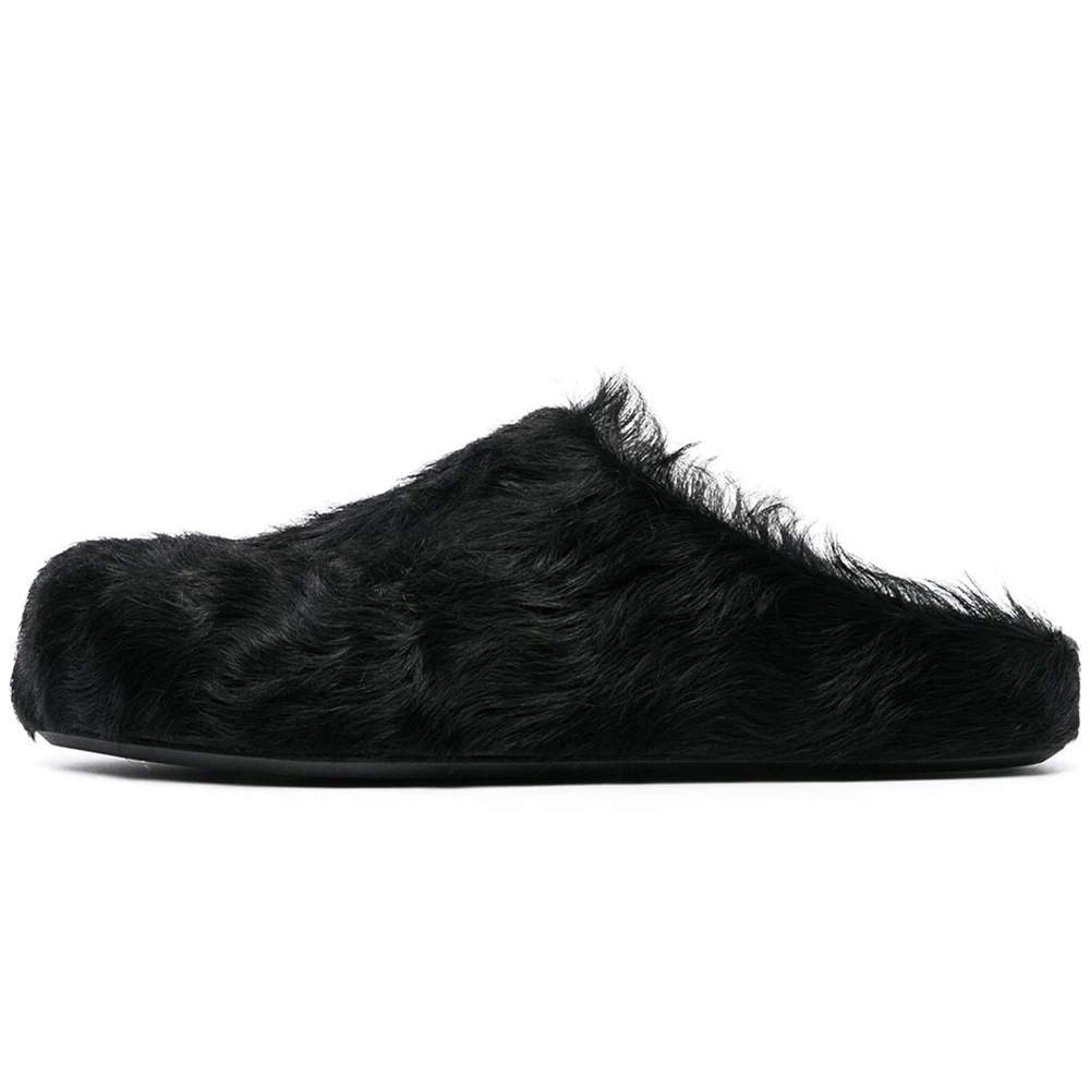 

Women Horse Hair Shoes Fur Mules Flat Slippers 2024 Spring Autumn Fashion Slides Thick Sole Casual Comfortable Men Flat Slippers