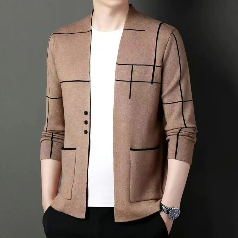 Men's Trend Knitting Cardigan Spring Autumn New Long Sleeve Striped Patchwork Loose Jacket Tops Vintage Fashion Men Clothing