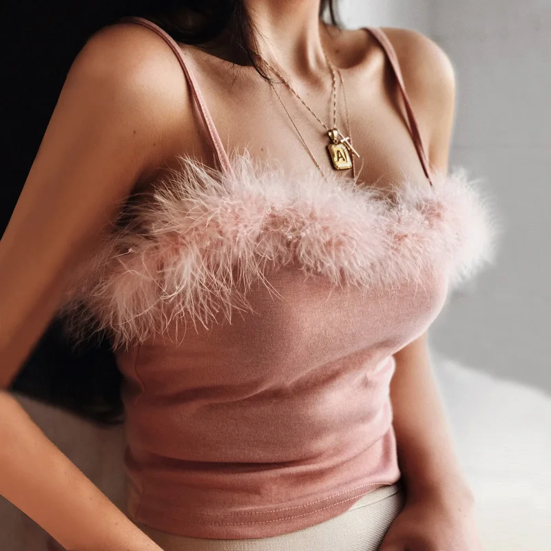 target camisole Cotton Pink Feather Bralette Crop Top Shaggy Cami Strap Backless Sexy Tops Short Camisole 2019 New Summer womens cami