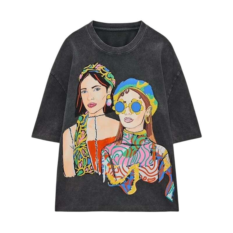 PB&ZA2025 Summer New Arrivals Women's Retro Versatile Girls Printed Distressed Round Neck Short Sleeve T-Shirt 1131/334