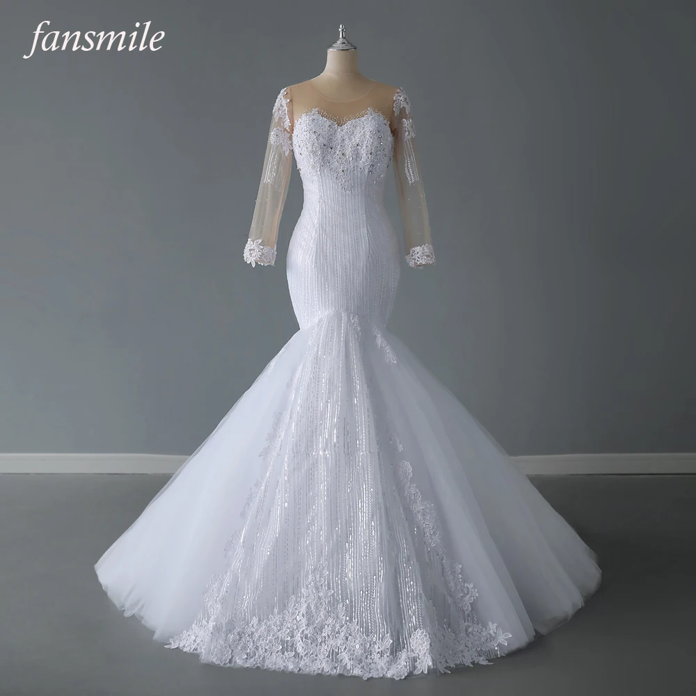

Fansmile Full Sleeve Vintage Lace Mermaid Wedding Dress 2023 Embroidery Plus Size Custom-Made Elegant Bridal Gown FSM-210M