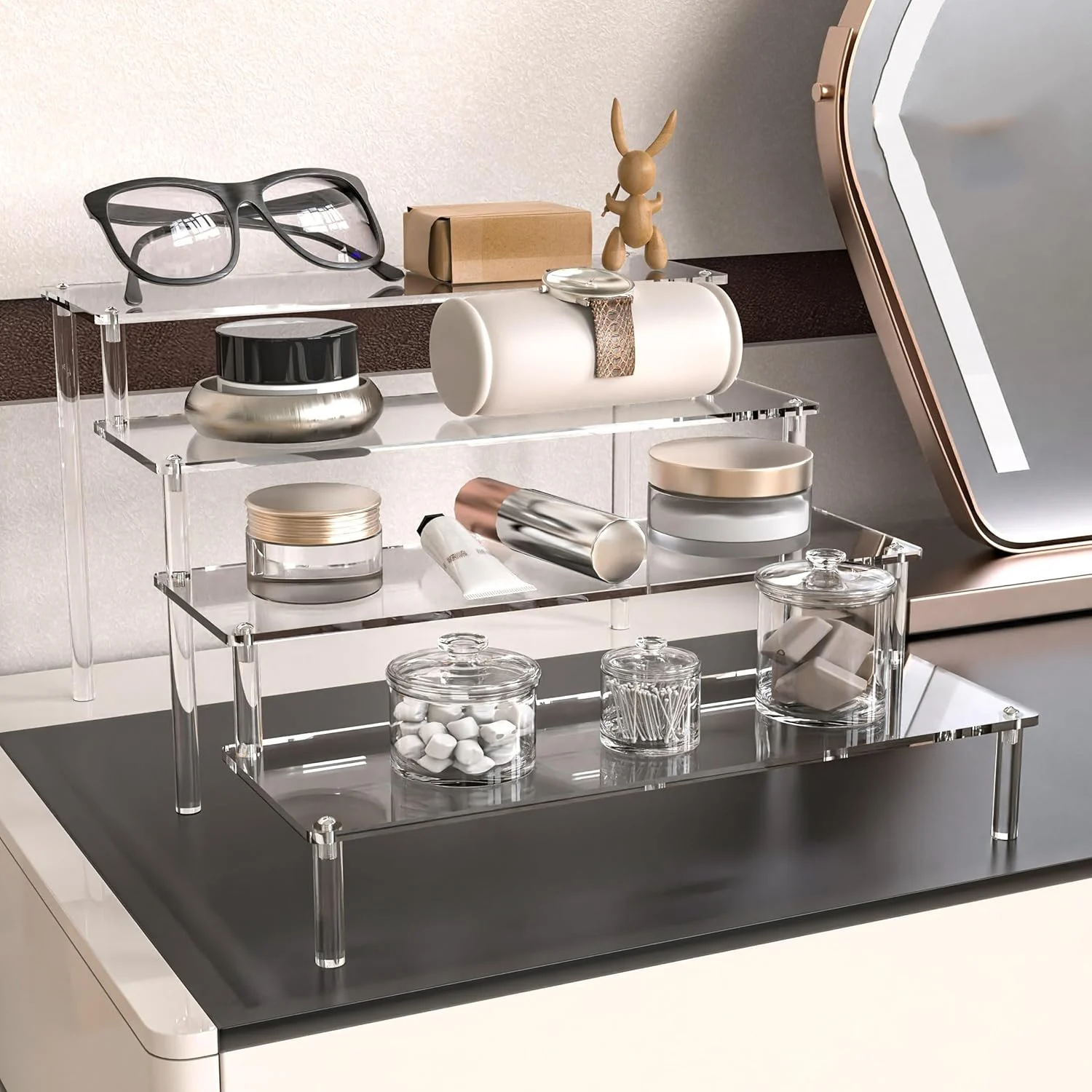 Acrylic Display Stand 1-4 Tier Durable For Cupcake Perfume Doll Transparent Trapezoidal Blind Box Storage Shelf