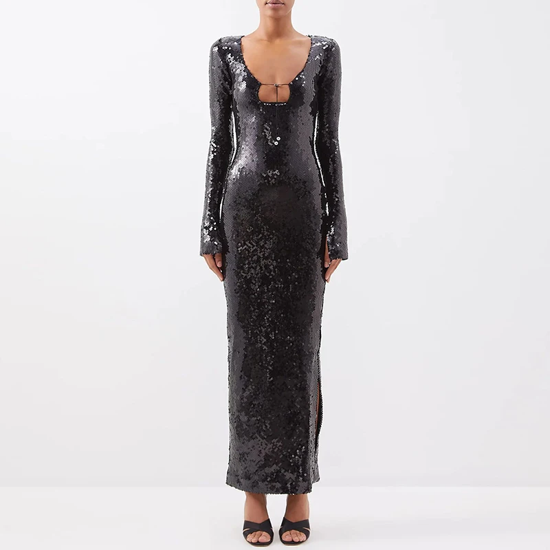 

Women Maxi Sequin Bodycon Club Dress Flare Sleeve Glitter Sparkle Tight Long Party Dresses 2023