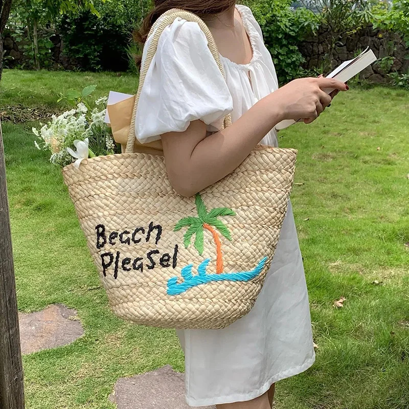 

Retro Corn Husk Coconut Tree Straw Handbag Woman Fashion Large Capacity Woven Shoulder Bag Summer Leisure Vacation Beach Tote