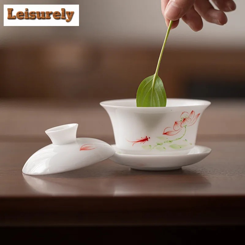 150ml Ice Jade Hand-painted Lotus Gaiwan Traditional Tea Tureen Tea Bowl With Lid Kit Tea Making Cover Bowl Drinkware Collection