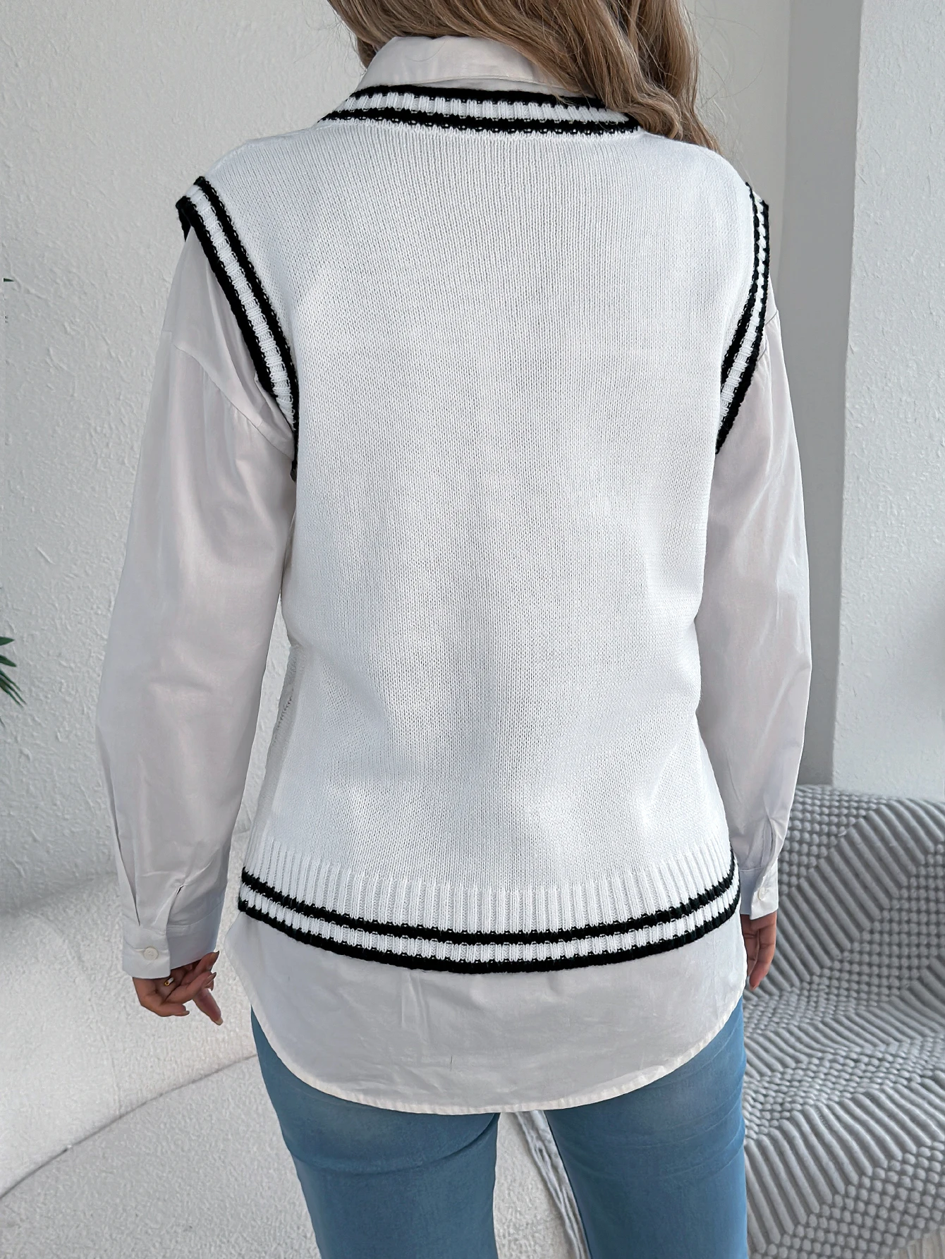 Women Color Block Striped Sweater Vest Autumn Winter