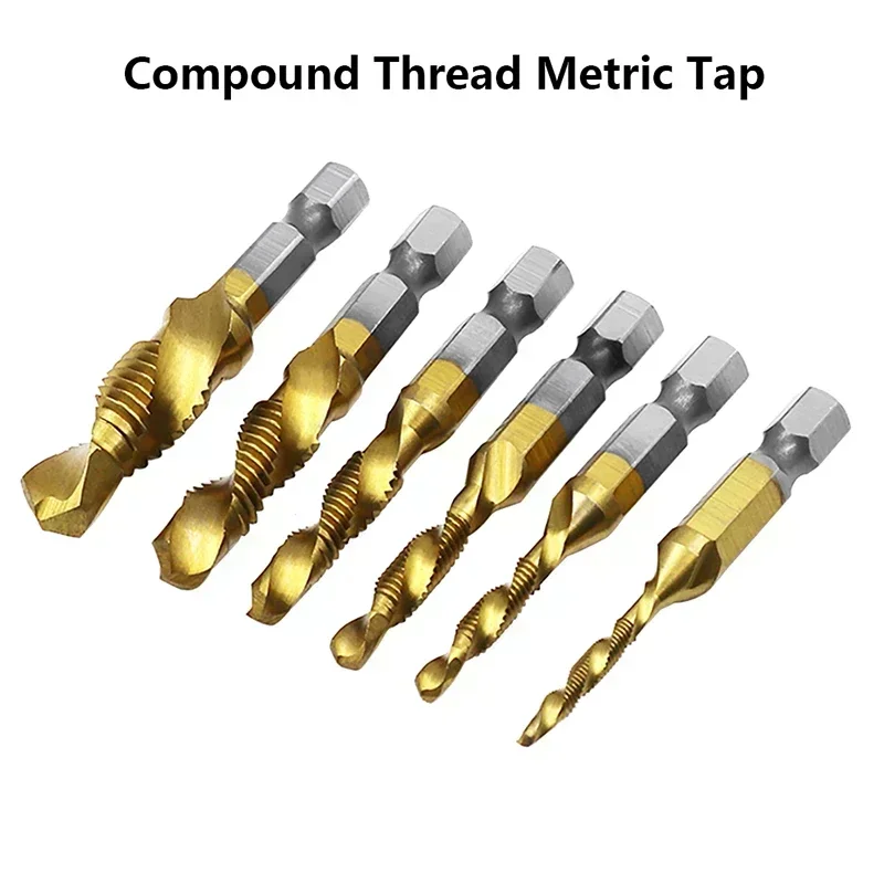 Hand Tool Titanium Plated Hex Shank HSS Screw Thread Metric Tap Drill Bits Screw Machine Compound M3 M4 M5 M6 M8 M10