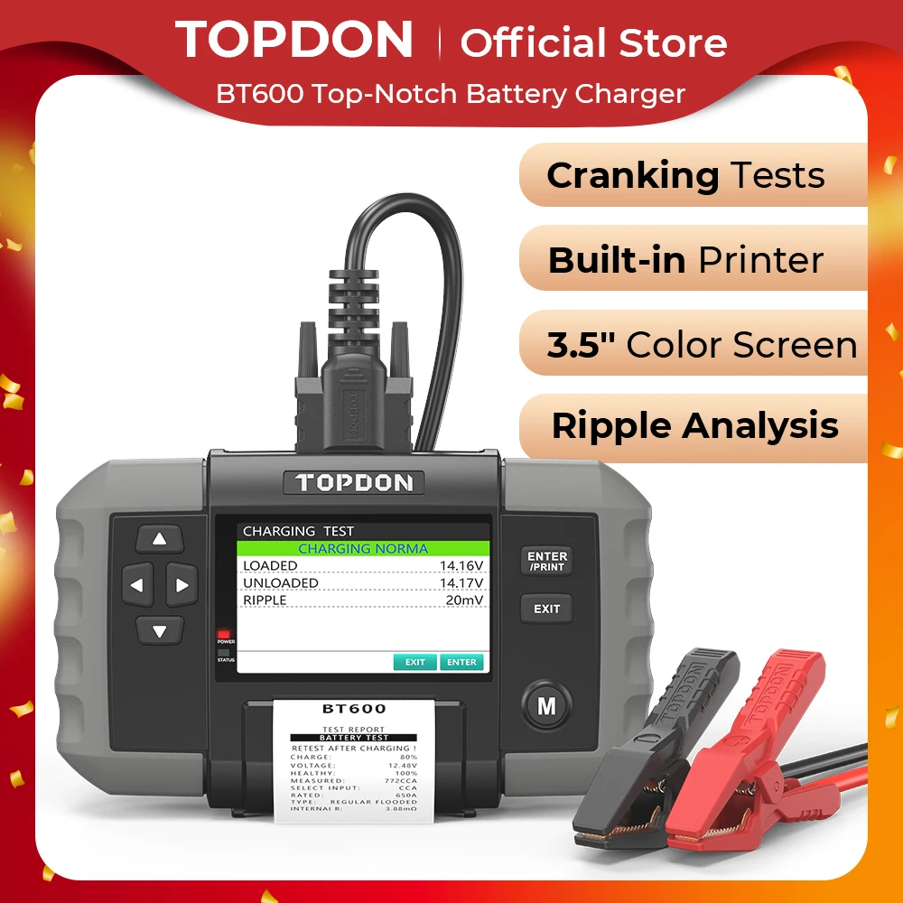 TOPDON BT600 12V 24V Car Battery Tester Lead Acid Vehicle Automotive Analyzer with Bulit-In Thermal Printer Car Battery Tool