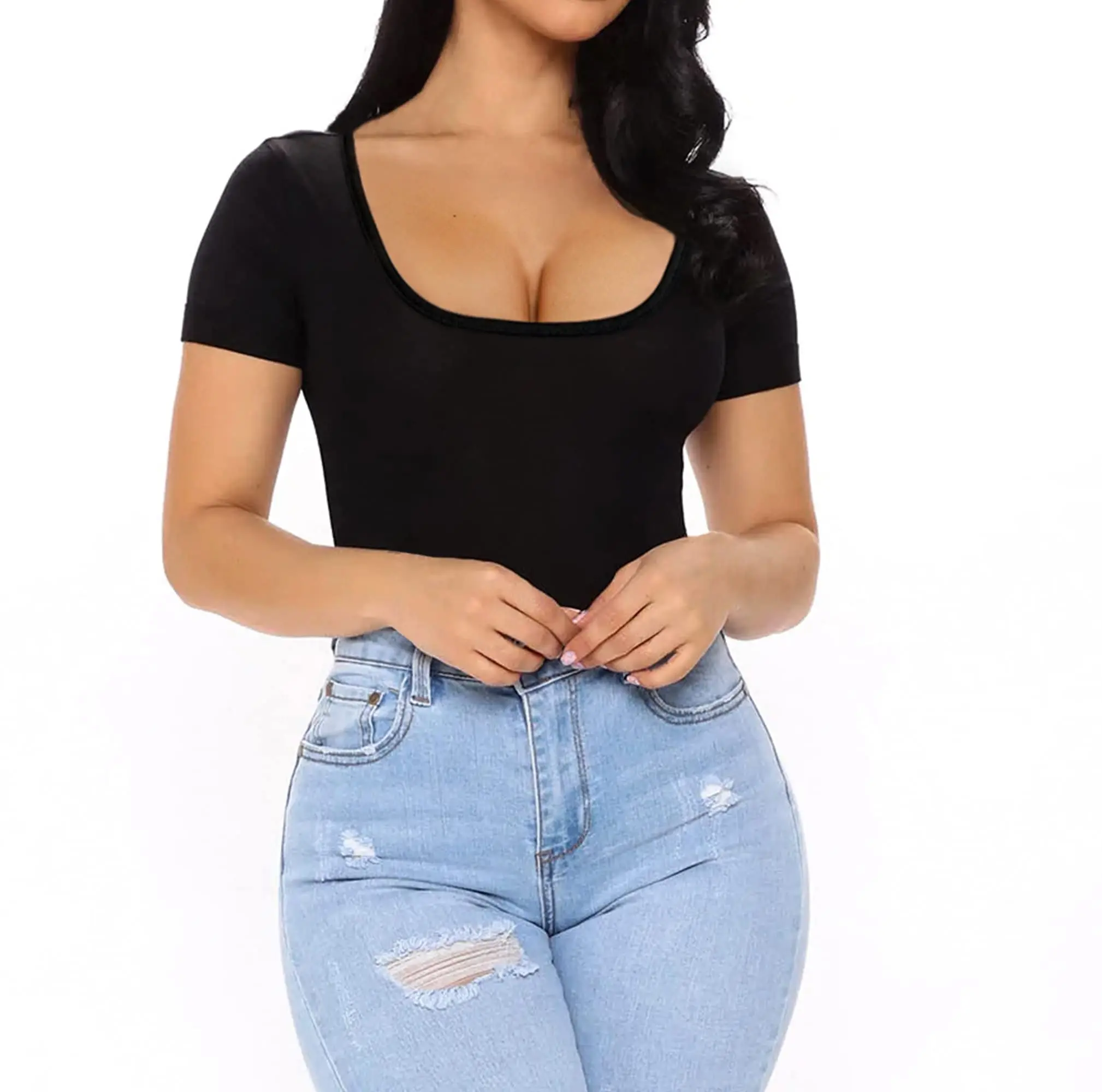 Shapewear Bodysuit for Women Tummy Control Shapewear Seamless Short Sleeve Scoop Neck Thong Sculpting Body Shaper Slim Underwear