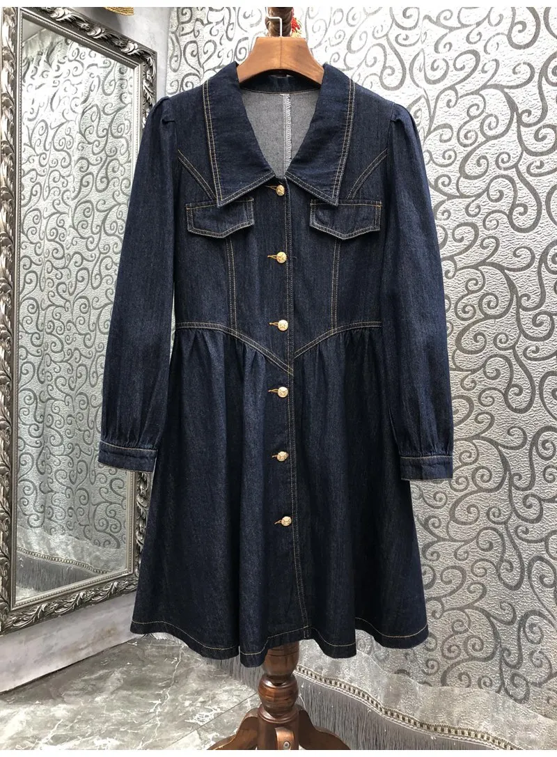 

High Quality Denim Dress 2022 Autumn Style Women Turn-down Collar Color Block Stitching Button Front Long Sleeve Jeans Dress