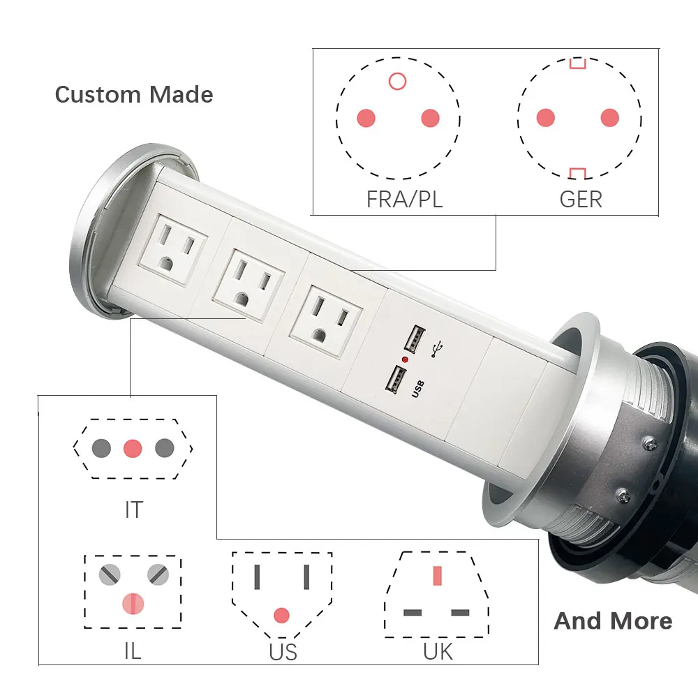 Electrical socket power socket home appliance automatic lifting pneumatic pop up socket multiple module US PLUG charging outlet customizable AU /US /UK /2 USB