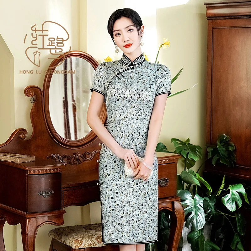 

【HONG LU】 Silk Cheongsam Retro Chinese Style Daily Short Slim-fit Dress Chinese Dress Qipao