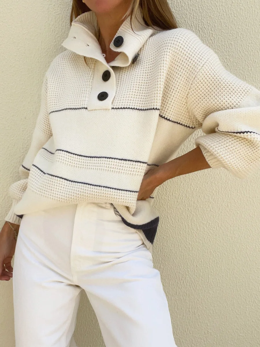 Striped Waffle Knit Sweater with Button Collar Detail