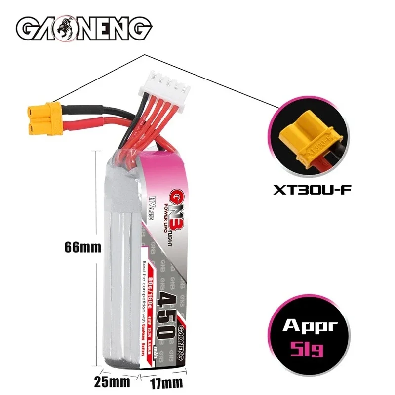 

Upgraded GNB 4S 15.2V 450MAH Indoor UAV With High Voltage Aerial Model FPV Lipo Battery HV XT30U-F Plug 80C/160C 15.2V Battery