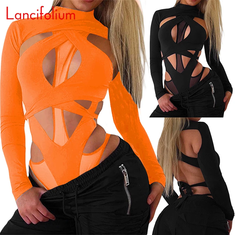 

American Sexy Women Cross Hollow Out Design Halter Strap Tight Bandage Solid Black High Neck Long Sleeve Bodycon Club Bodysuit