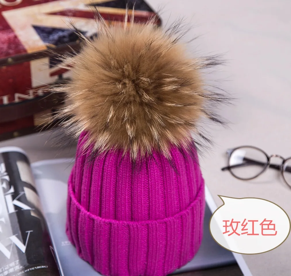 

Autumn Winter Women New Solid Color Curled Knitted Big Pompon Hat Korean Real Raccoon 15cm Fur Ball Wool Children Hat
