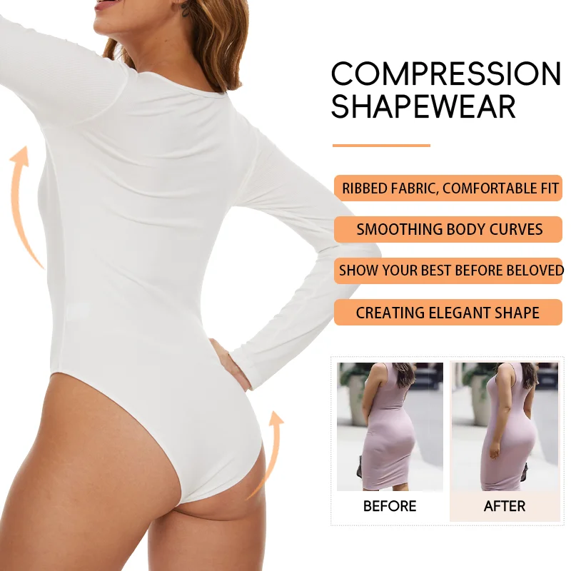 Women Round Neck Body Shaper Long Sleeve Shapewear Sexy Ribbed Bodysuit Front Button Compression Fitness Tummy Control Outfit 8 S82a00d533ab14eeab404f667a7145848r