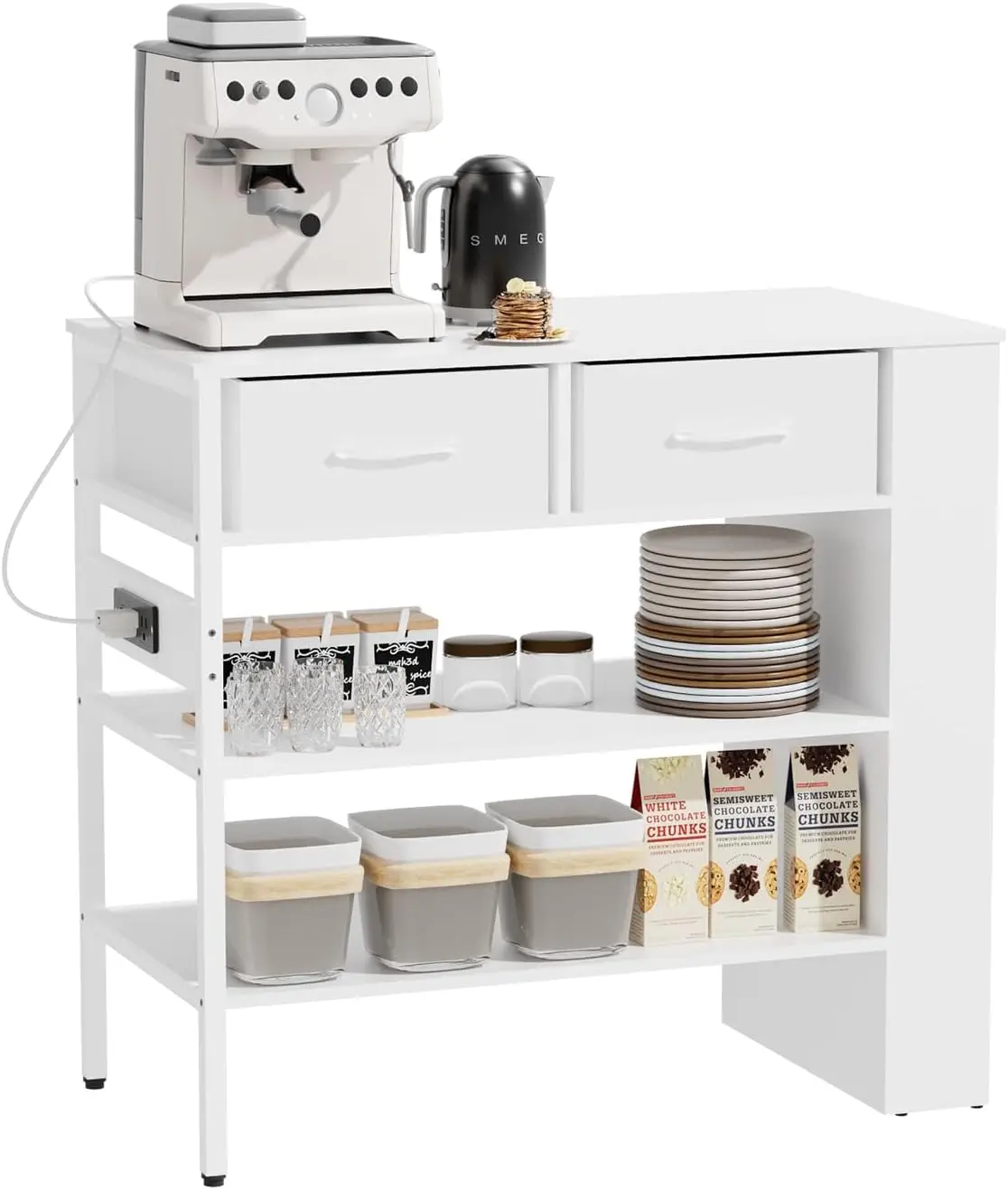 Modern Kitchen Island Bar Table with Open Storage Shelves, Power Outlet, Spice Rack (White)