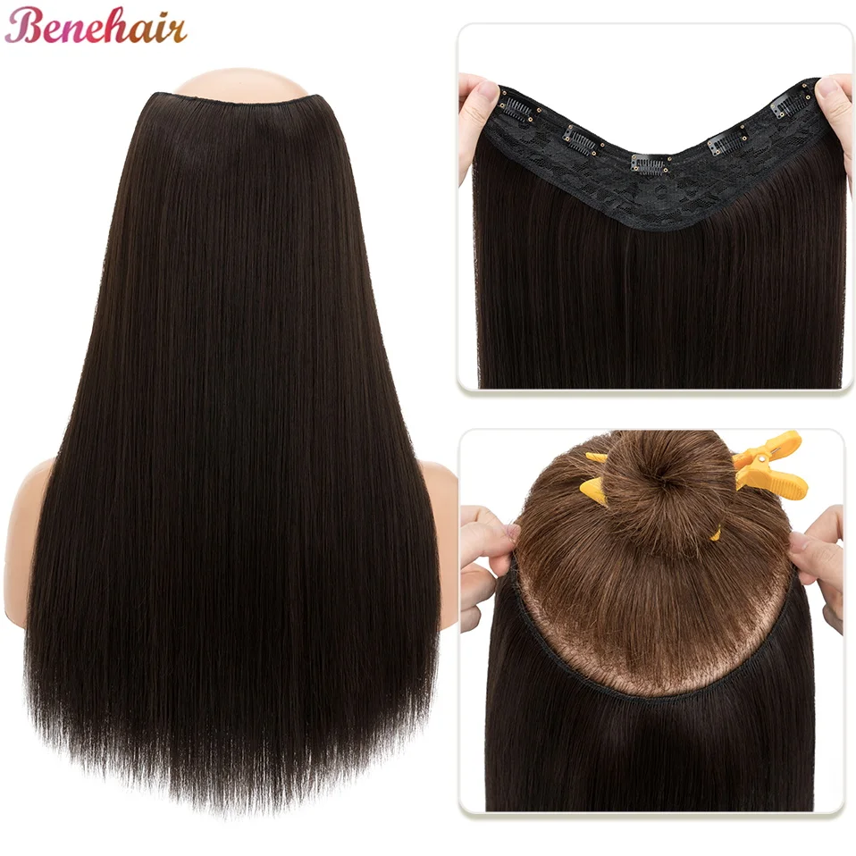 Benehair 18 Inch 160g V-Shaped Straight Synthetic Hair One Piece Clip In Hair Extension With Clips Hairpiece Full Head