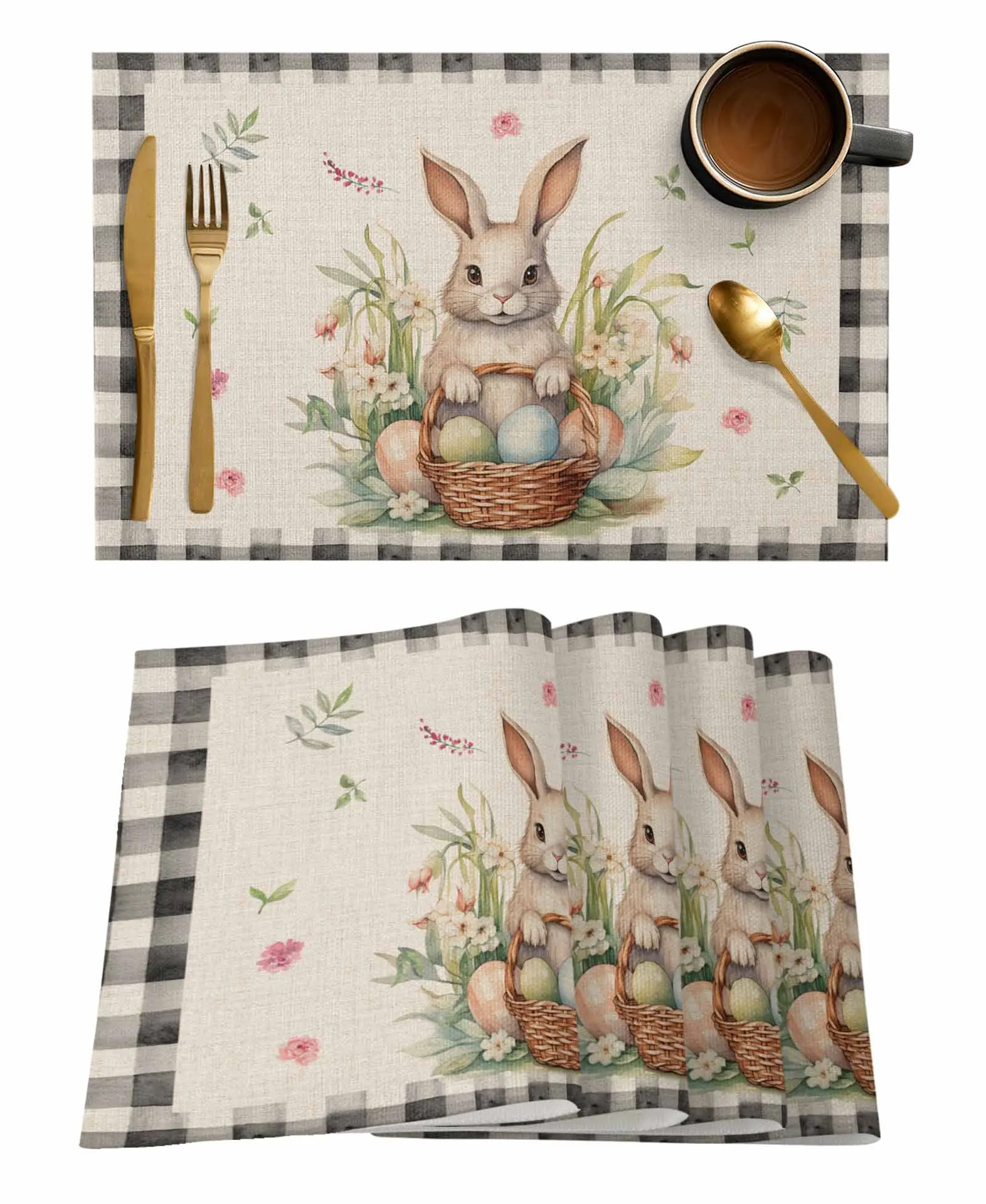 

Easter Eggs Bunny Flower Plaid Table Mat Wedding Holiday Party Dining Table Placemat Kitchen Accessories Table Napkin