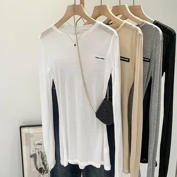 FRAYA LAB European Design Long Sleeve Thin Sexy Loose T-Shirt Women's New Style Lazy Girl Base Layer Top Crew Neck T-Shirt 1