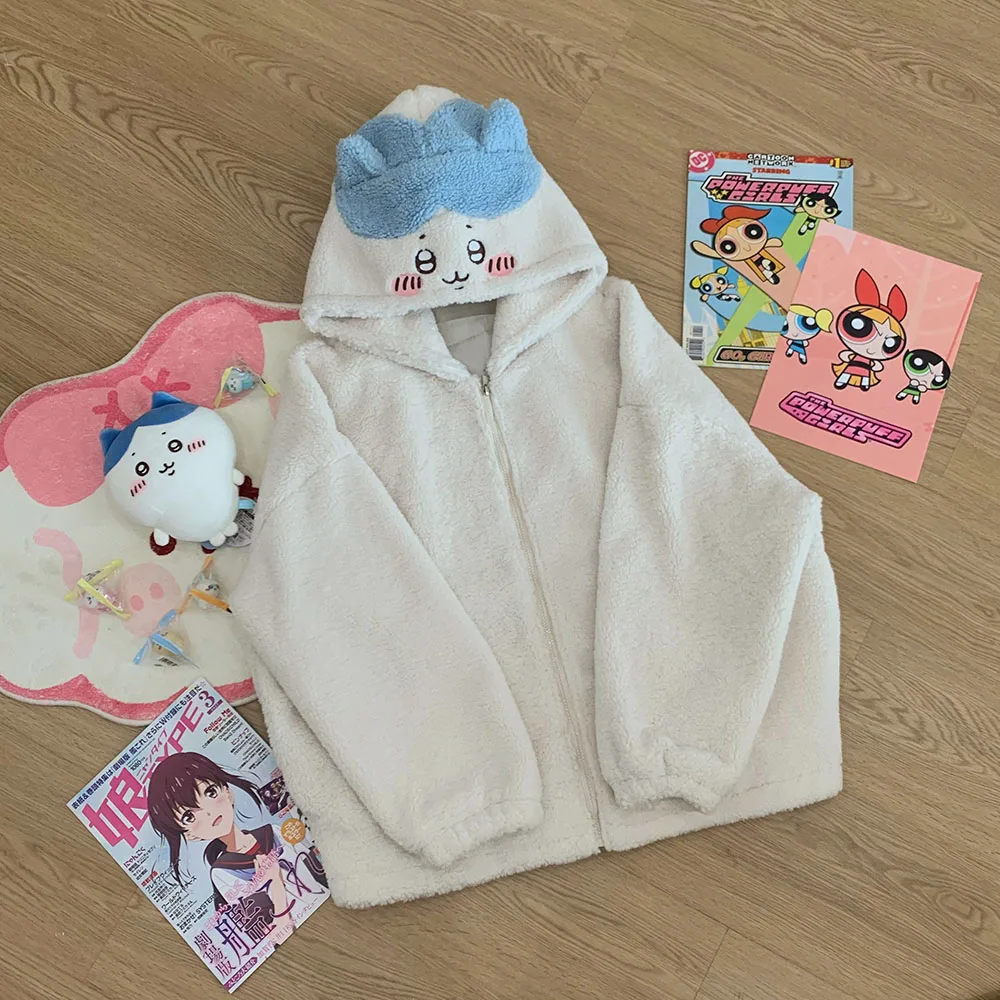 

Kawaii Anime Figure Chiikawa Usagi Hooded Plush Outer Wear Cartoon Cute Warm Thickened Winter Plush Outer Wear Couple Style