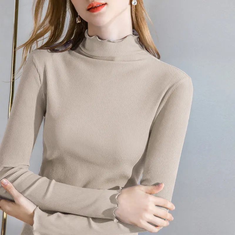 

Wooden ear edge half high collar pullover bottoming shirt for women 2023 Korean solid long sleeve pullover sweater for women
