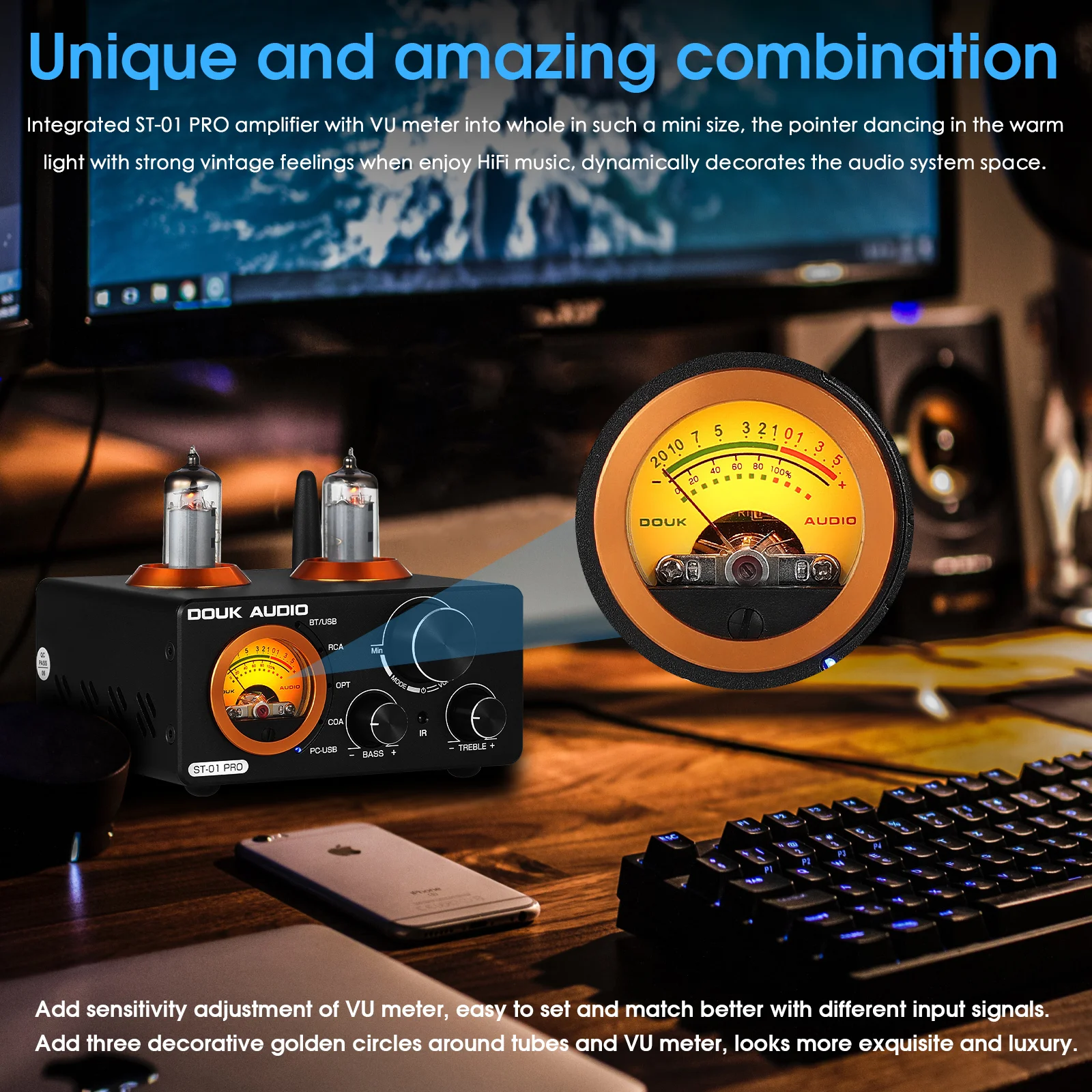 Douk Audio HiFi Bluetooth 5.0 진공관 증폭기 USB DAC 스테레오 수신기 COAX/OPT 홈 오디오 디지털 앰프(VU 미터 포함) 100W+100W