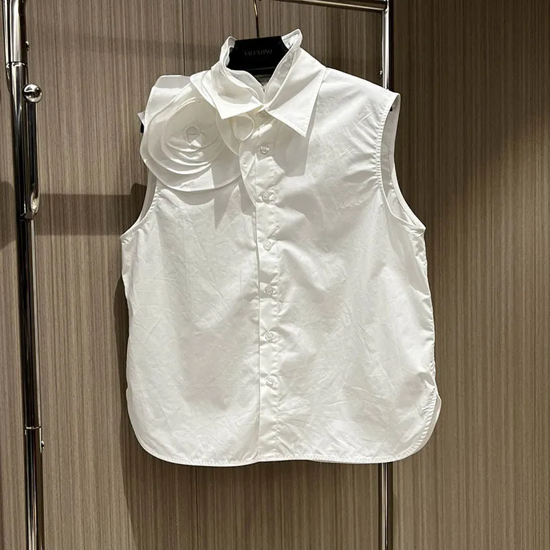 

Женская блузка с деревянными ушками, элегантная белая однобортная рубашка из чистого хлопка с изображением стереоскопической розы, новинка 24